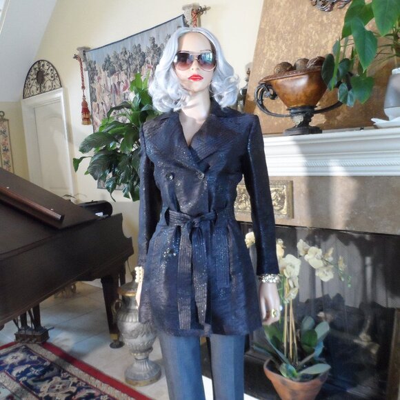Carolina Herrera Dark Gray/Silver Threads Silk Blend Brocade Thench Coat Size 8